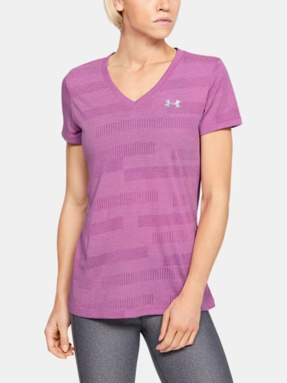 Under Armour Sz M‎ Pink UA Velocity Jacquard V-Neck Pullover T-Shirt Blouse